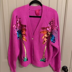 QUEEN OF SPARKLES Fuchsia Cardigan with Sequin Palm Trees